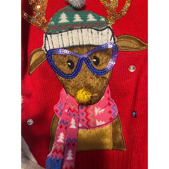 Ugly Christmas Cardigan Sweater - Reindeer Argyle Print Red Size Medium - Picture 5 of 7